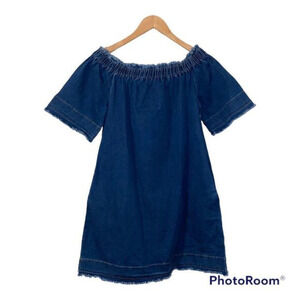 Jodifl Los Angeles off shoulder raw denim‎ pocket babydoll dress